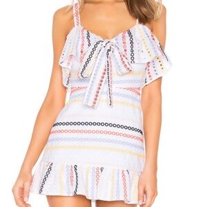 Lovers + Friends White Mini Dress with Multicolor Circle Stripe